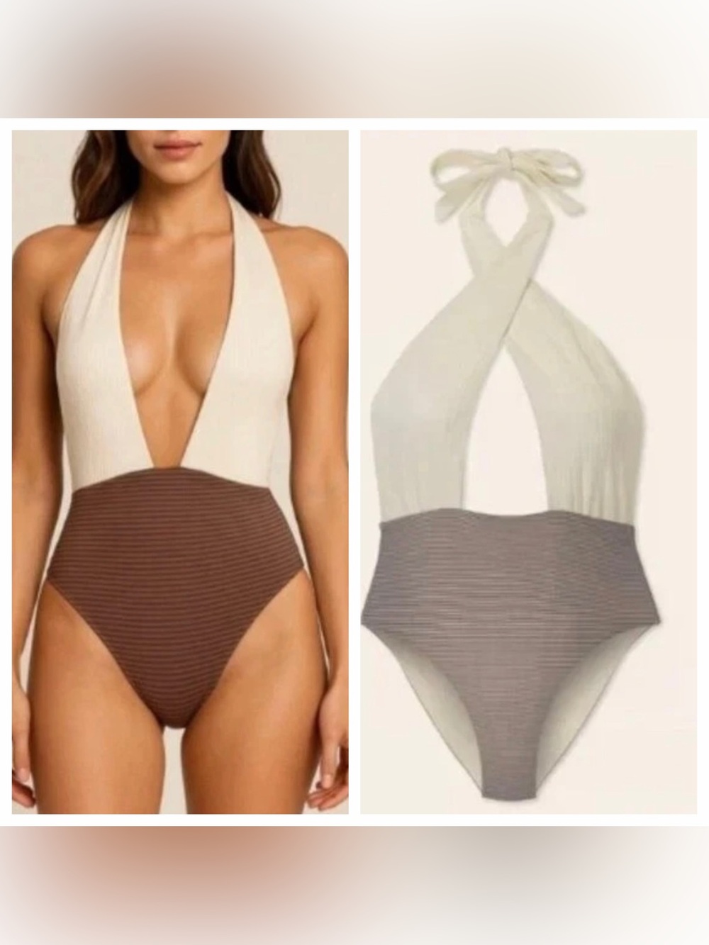 WET Swimwear Magnolia Umber Ivory/Brown Plunging One Piece Swimsuit size L $188